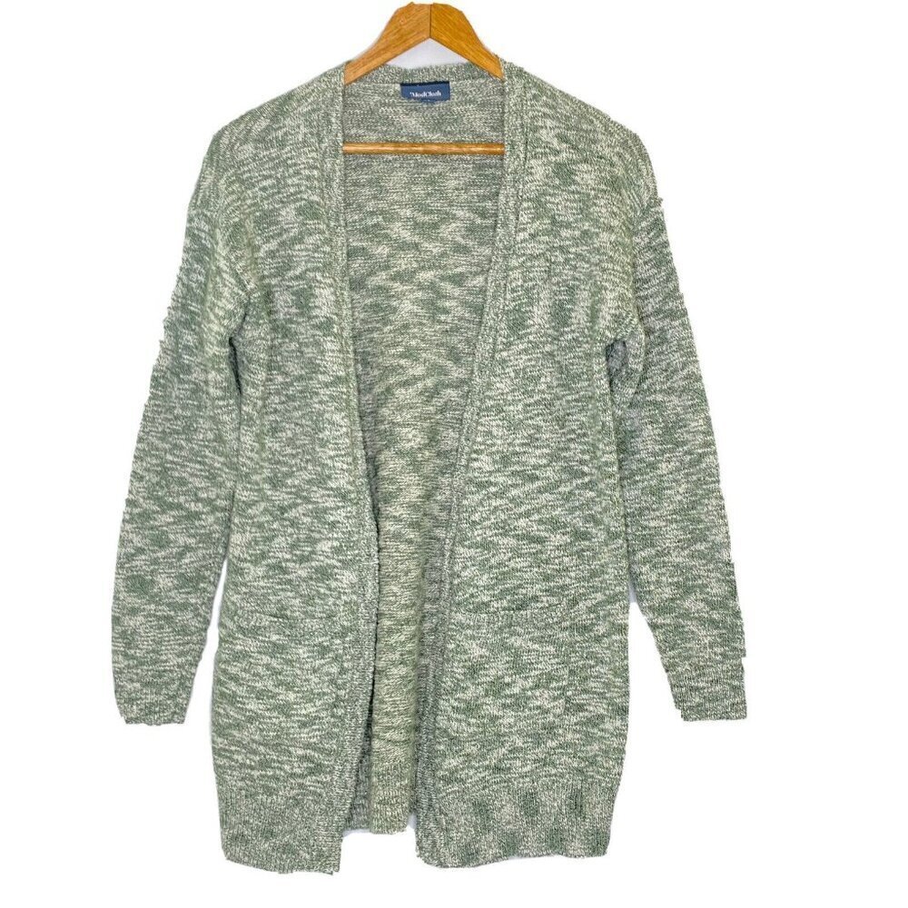 ModCloth Cardigan Sweater Womens size XS Open Front Green White Marled Knit